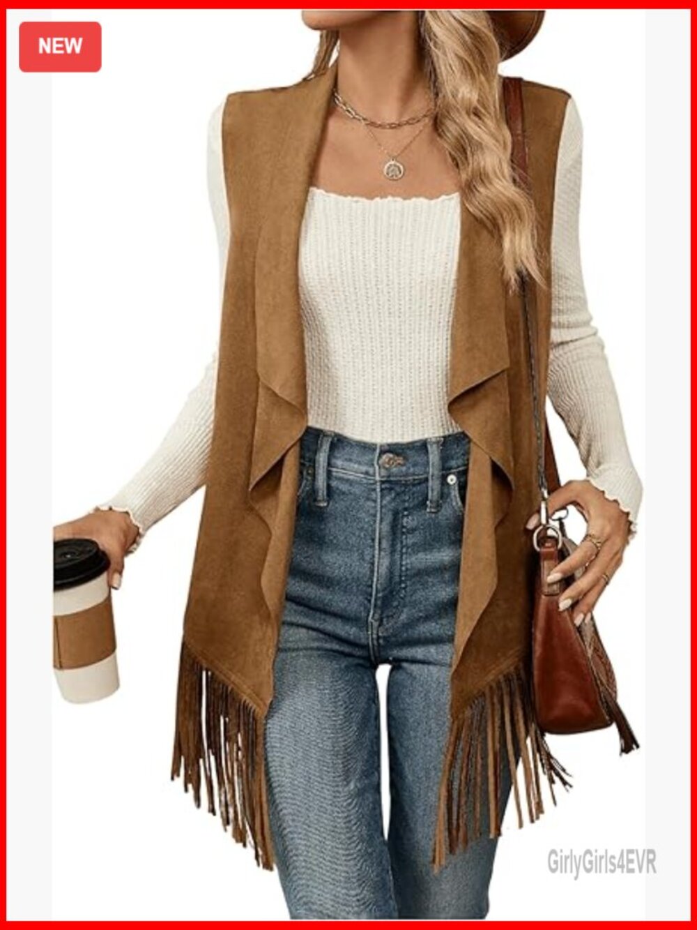 Sleeveless Fringe Suede Vest, Regular Fit, Polyester Blend, Western Style